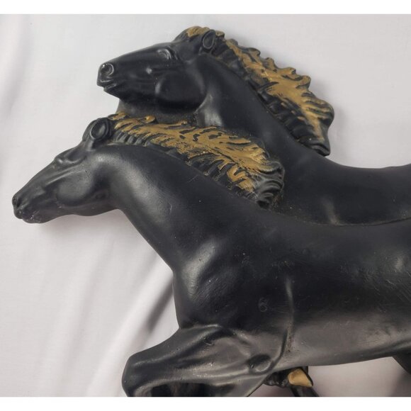 Vintage Chalkware Running Black Gold Horses Western Wall Hanging MCM - Picture 3 of 8